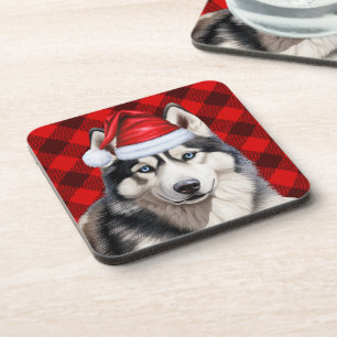 Christmas Husky Dog Red Buffalo Plaid Holiday Coaster