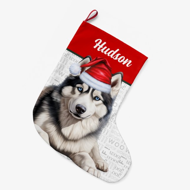 Christmas Husky Dog with Name Woof Background Large Christmas Stocking (Front (Hanging))