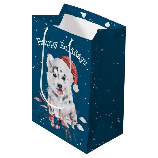 Christmas Husky On Blue Medium Gift Bag (Front Angled)