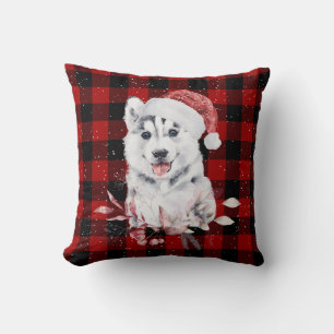 Christmas Husky On Buffalo Plaid Cushion