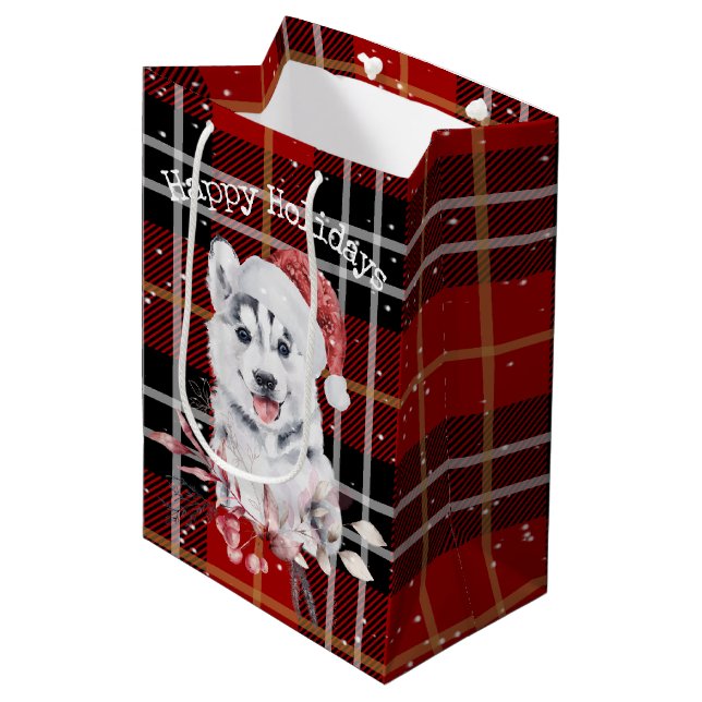 Christmas Husky On Buffalo Plaid  Medium Gift Bag (Front Angled)