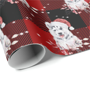 Christmas Husky On Buffalo Plaid Wrapping Paper