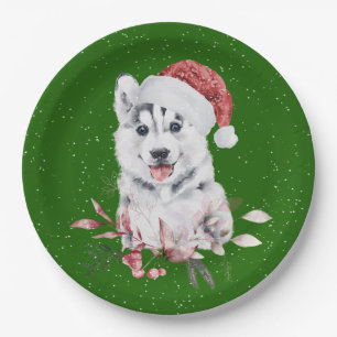 Christmas Husky On Green  Paper Plate