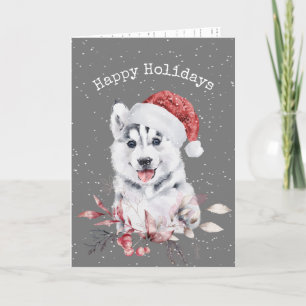 Christmas Husky On Grey Card