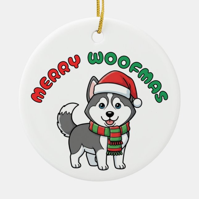 Christmas Husky Ornament: Merry Woofmas Ceramic Ornament (Front)