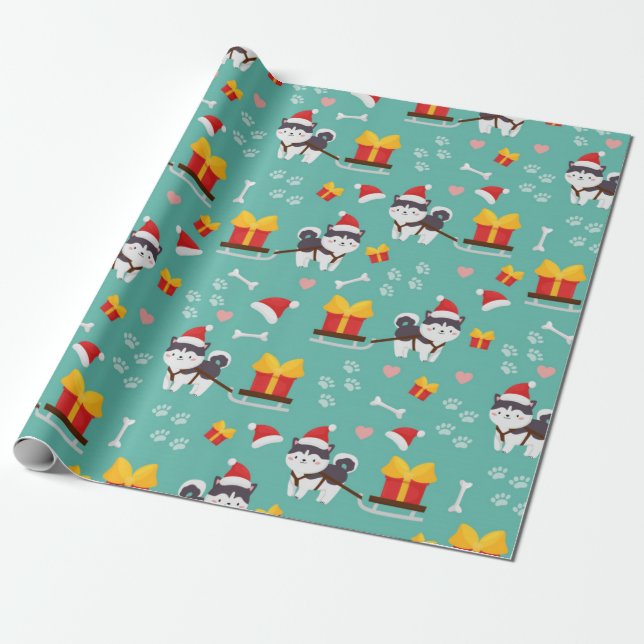 Christmas Husky Pattern Wrapping Paper (Unrolled)