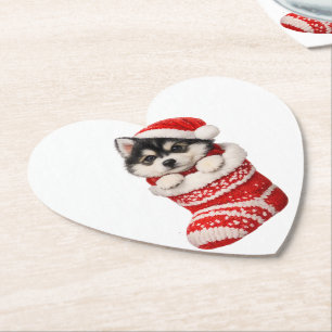Christmas Husky Puppy Paper Coaster