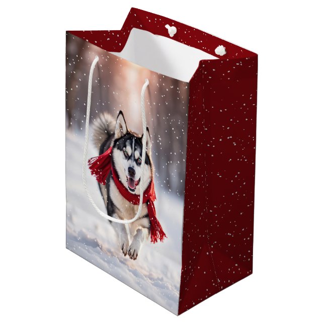 Christmas Husky With Red Scarf Medium Gift Bag (Front Angled)