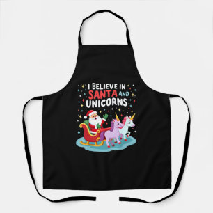 Christmas I Believe In Santa And Unicorns Funny Xm Apron