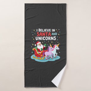 Christmas I Believe In Santa And Unicorns Funny Xm Bath Towel