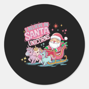 Christmas I Believe In Santa And Unicorns Funny Xm Classic Round Sticker