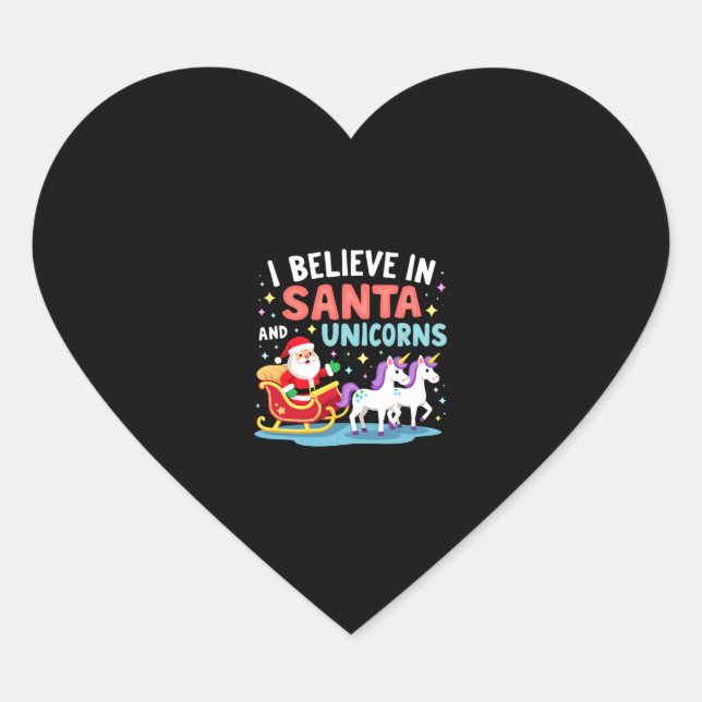 Christmas I Believe In Santa And Unicorns Funny Xm Heart Sticker (Front)