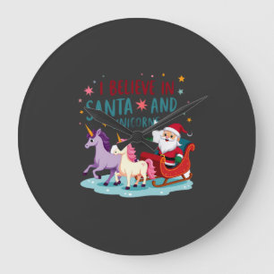 Christmas I Believe In Santa And Unicorns Funny Xm Large Clock