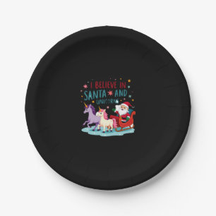 Christmas I Believe In Santa And Unicorns Funny Xm Paper Plate
