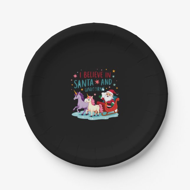 Christmas I Believe In Santa And Unicorns Funny Xm Paper Plate (Front)
