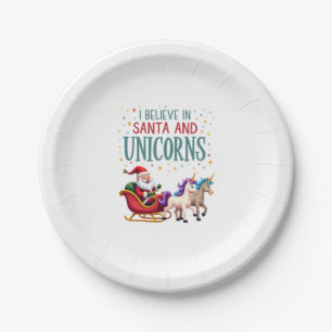 Christmas I Believe In Santa And Unicorns Funny Xm Paper Plate