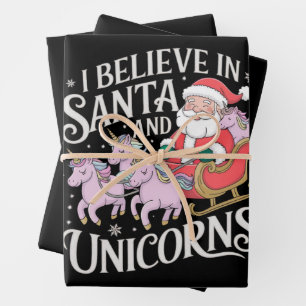 Christmas I Believe In Santa And Unicorns Xmas Wrapping Paper Sheet
