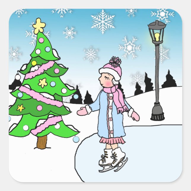 Christmas Ice Skater on Snowy Winter Day Square Sticker (Front)
