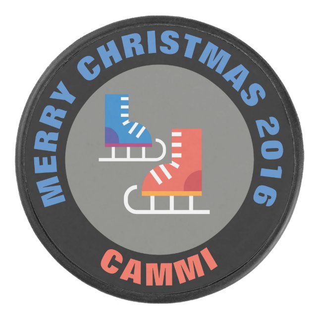 Christmas Ice Skates Hockey Puck (Front)