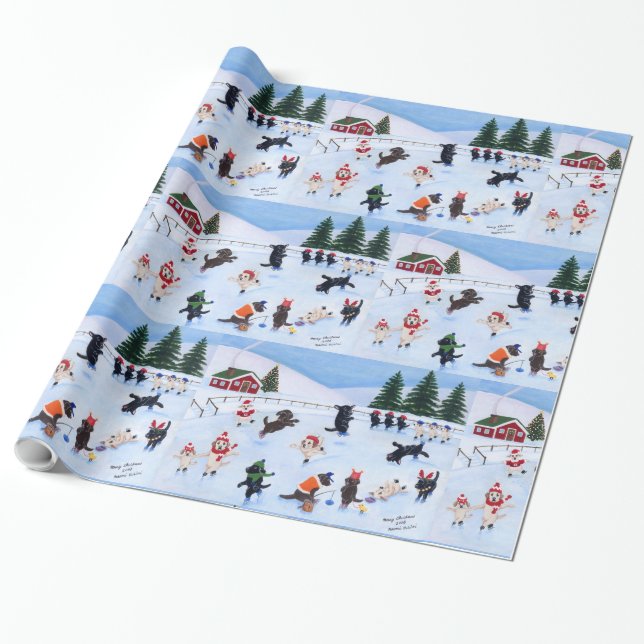 Christmas Ice Skating Labradors Wrapping Paper (Unrolled)