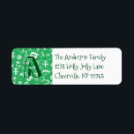 Christmas Icons Green Santa Elf Snowman Monogram Return Address Label<br><div class="desc">This Christmas pattern features classic cute holiday favourites in white outlines on a green background. Included in the pattern is Santa, elf, Christmas tree, snowman, reindeer, candy cane, stockings, wrapped gift, tree ornament, snowflake, star and ribbon in a bow. A sweet pattern that will be sure to add to your...</div>