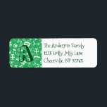 Christmas Icons Green Santa Elf Snowman Monogram Return Address Label<br><div class="desc">This Christmas pattern features classic cute holiday favourites in white outlines on a green background. Included in the pattern is Santa, elf, Christmas tree, snowman, reindeer, candy cane, stockings, wrapped gift, tree ornament, snowflake, star and ribbon in a bow. A sweet pattern that will be sure to add to your...</div>