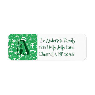 Christmas Icons Green Santa Elf Snowman Monogram Return Address Label