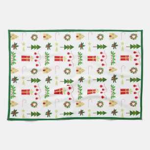 Christmas icons pattern in festive grid tea towel