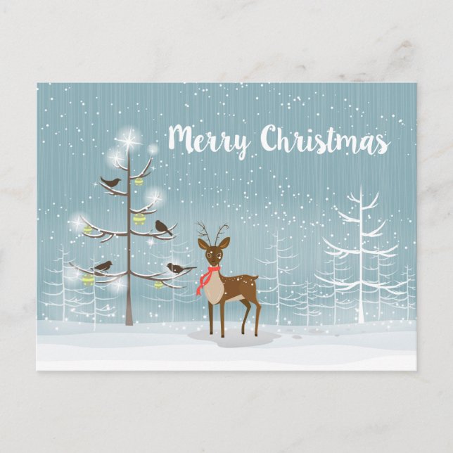 Christmas Illustration- Deer And Birds Holiday Postcard (Front)