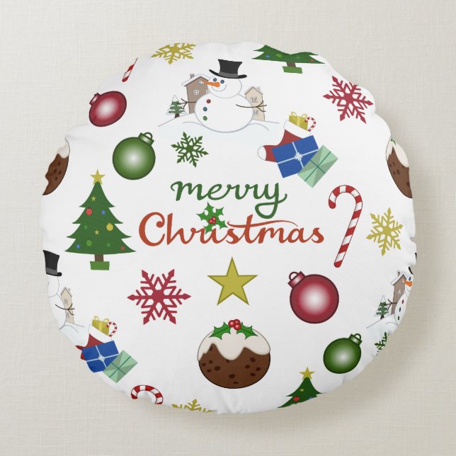 Christmas Illustration Mix Lg Pattern Round Cushion (Front)