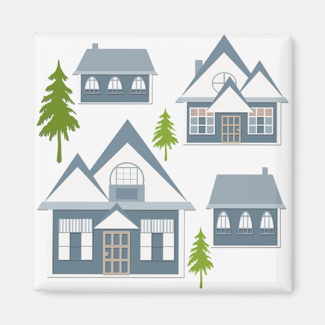 Christmas illustration winter houses trees grey wh magnet (Front)