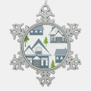 Christmas illustration winter houses trees grey wh snowflake pewter christmas ornament