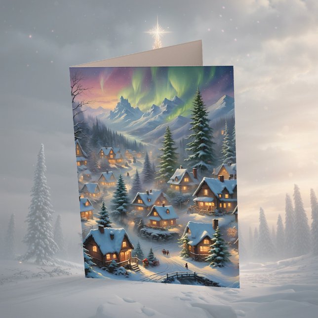 Christmas in a mountain village, polar lights,   card (Creator Uploaded)