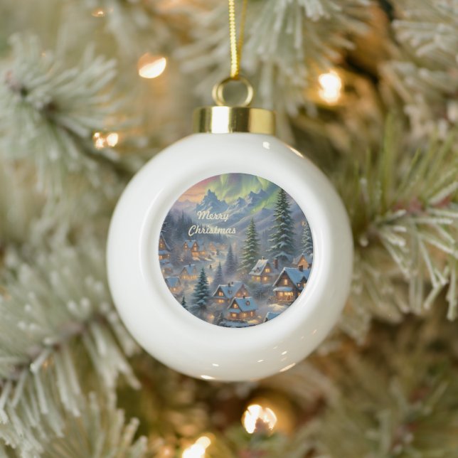 Christmas in a mountain village, polar lights  ceramic ball christmas ornament (Tree)