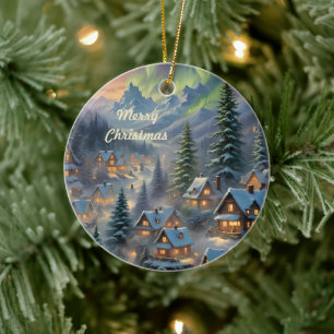 Christmas in a mountain village, polar lights ceramic ornament