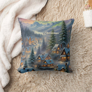 Christmas in a mountain village, polar lights  cushion