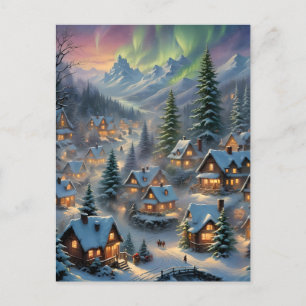 Christmas in a mountain village, polar lights holiday postcard