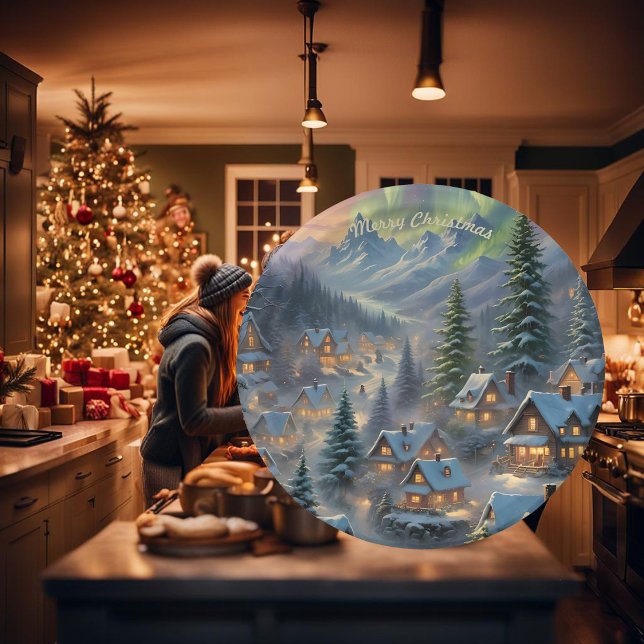Christmas in a mountain village, polar lights  paper plate (Creator Uploaded)