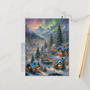 Christmas in a mountain village, polar lights postcard