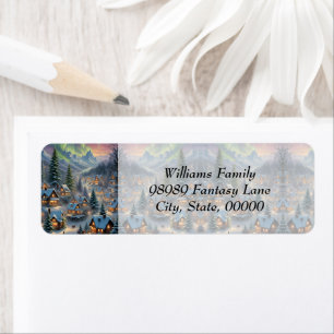 Christmas in a mountain village, polar lights  return address label