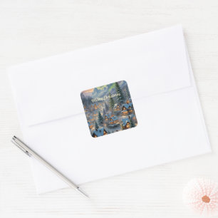 Christmas in a mountain village, polar lights  square sticker
