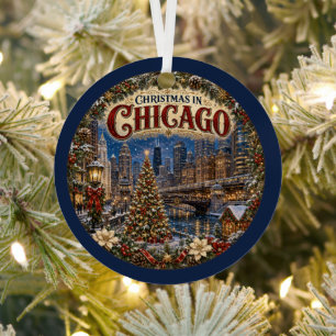 Christmas in Chicago Vintage Travel Keepsake Metal Tree Decoration