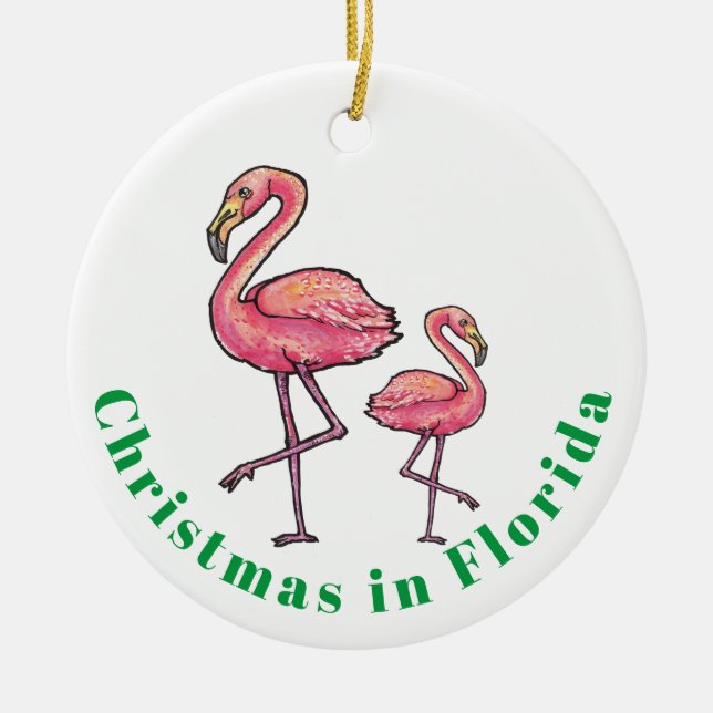 Christmas in Florida Flamingo Ceramic Ornament (Front)