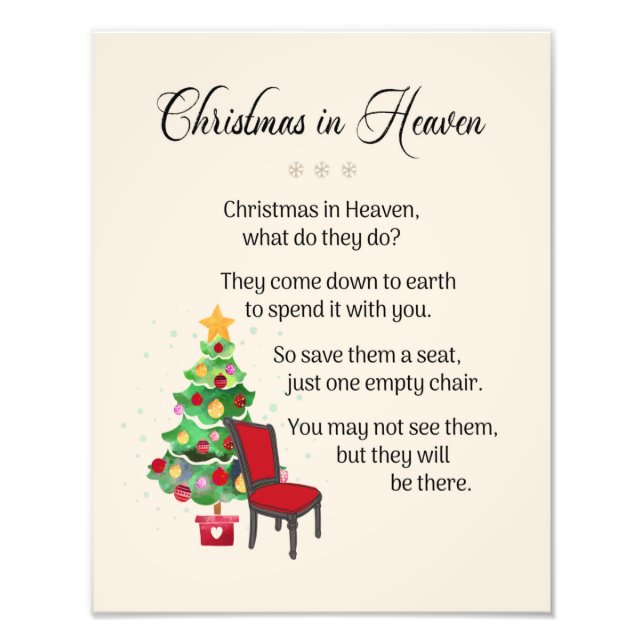 Christmas In Heaven, Empty Chair, Loved One, Grief Photo Print (Front)