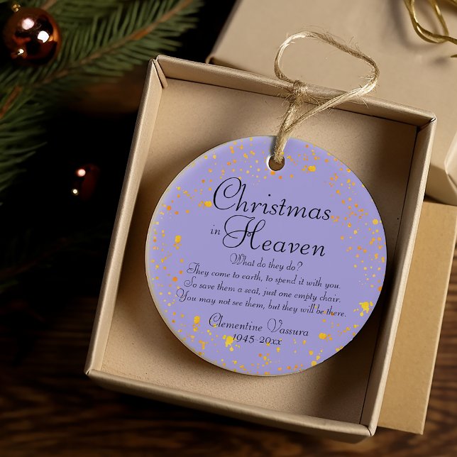 Christmas In Heaven Gold Purple Memorial Photo Ceramic Ornament (Christmas In Heaven Gold Splatter Memorial Photo Ceramic Ornament)