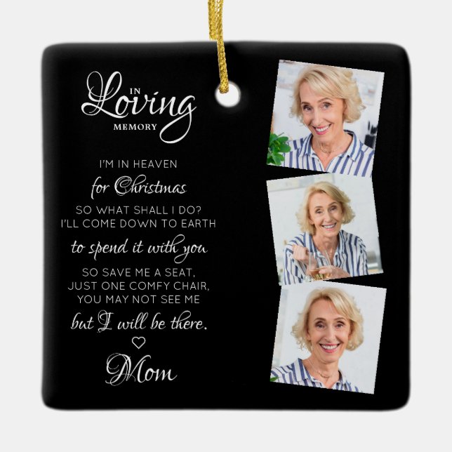 Christmas In Heaven Modern 3 Photo Memorial Ceramic Ornament (Front)