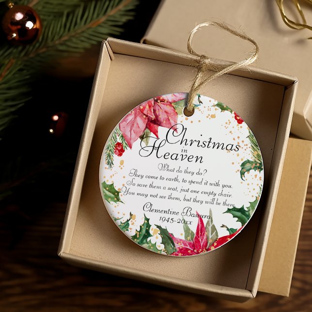 Christmas In Heaven Poinsettia Gold Memorial Photo Ceramic Ornament (Christmas In Heaven Poinsettia Gold Spatter Memorial Photo Ceramic Ornament)