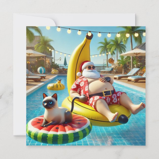 Christmas in Jully Pool Party with cat in pool Holiday Card (Front)