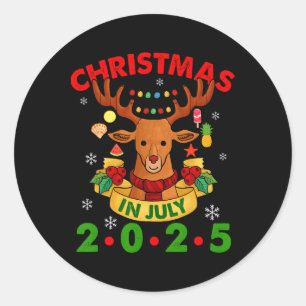 Christmas In July 2025 Reindeer Xmas Lights Summer Classic Round Sticker