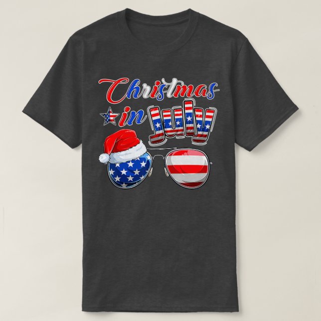 Christmas In July American Flag Santa Hat Sunglass T-Shirt (Design Front)